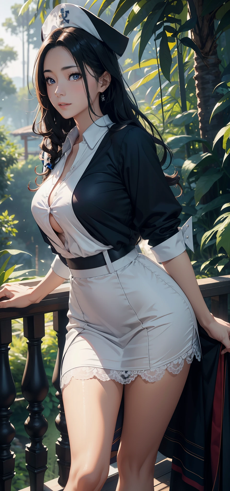 1female，25 age old，Large breasts，long leges，big chest and thin waist，a little bit chubby， photo exposure， 独奏，（Background with：at a forest，the rainforest，in summer） She has short black hair，Stood up，seen from the front， curlies， The sky is mostly cloudy，（（（tmasterpiece），（Very detailed CG unified 8k wallpaper），Best quality at best，电影灯光，detailed back ground，beautidful eyes，Bright pupils，（very delicate beautiful），（Beautiful and detailed eye descriptions），ultra - detailed，tmasterpiece，）），facing at the camera，A high resolution，ultra - detailed），revealing breasts，Bare genitals， Camel toes，that wizard（dressed in：Transparent apron，比基尼）nakeness，