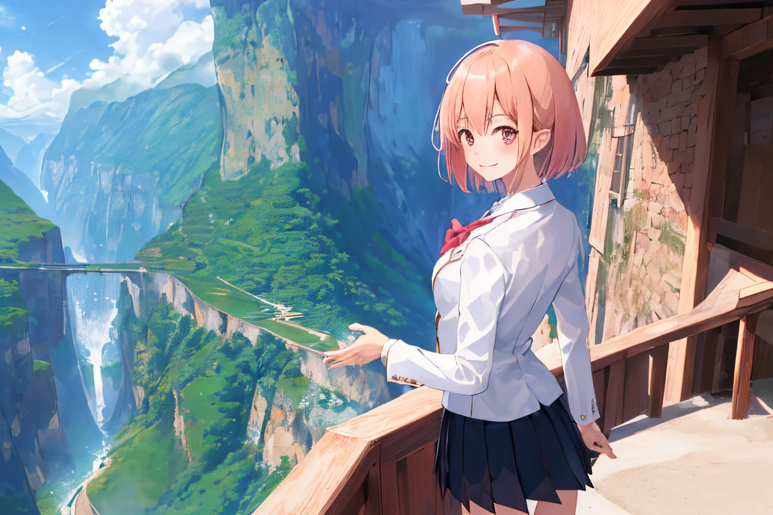 (masutepiece, Best Quality, Superior Quality), ((1girl in, Solo, Cowboy Shot)), School uniform, micro skirt, Blazer, White shirt, Closed mouth, lightsmile, fun scenery to see, Fictional scenery), posterior view, The nape of the back of the head is visible, fantastic valley
