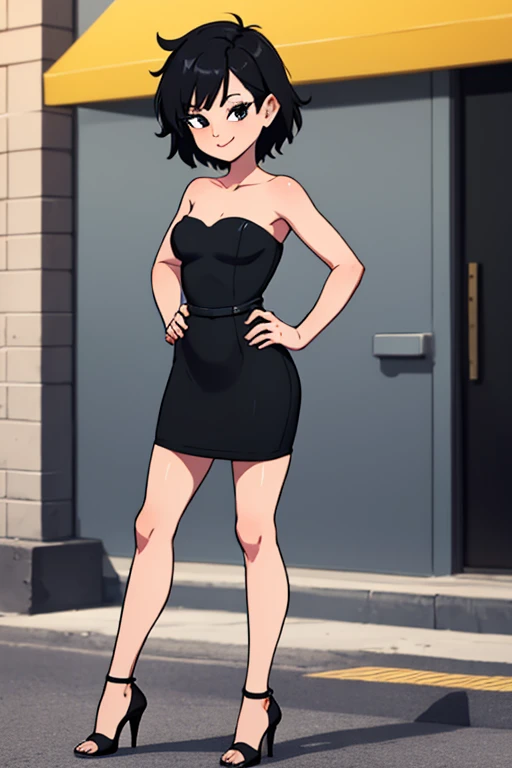 masterpiece, best quality, gine, hands to hips, smile, looking at viewer, field wall background, full body, street background, black hair, short hair, hand on hip, bare shoulder, bare arms, jewelry, looking at viewer, standing, strapless, short black dress, black sweetheart dress, black pencil skirt, lovely legs, black high heels, seductive.