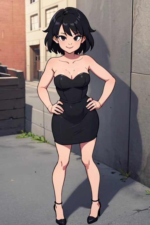 masterpiece, best quality, gine, hands to hips, smile, looking at viewer, field wall background, full body, street background, black hair, short hair, hand on hip, bare shoulder, bare arms, jewelry, looking at viewer, standing, strapless, short black dress, black sweetheart dress, black pencil skirt, lovely legs, black high heels, seductive.