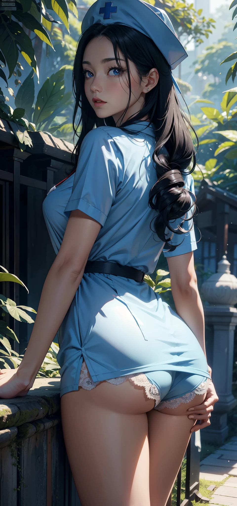 1female,45 yers old,Married woman,Long legs, slim waist, photo exposure, 独奏,(Background with:at a forest,the rainforest,in summer) She has long black hair,Redlip,Stood up,seen from the front, curlies, sky with many clouds,(((tmasterpiece),(Very detailed CG unified 8k wallpaper),Best quality at best,电影灯光,detailed back ground,Beautiful right eye pupil,(very delicate beautiful),(Beautiful and detailed eye descriptions),ultra - detailed,tmasterpiece,)),facing at the camera,A high resolution,ultra - detailed),Pubic hair shows through,device, convex,Camel toes,nipple bump(dressed in:,nurse hat,Blue nurse's uniform,Lace,naknessakis)