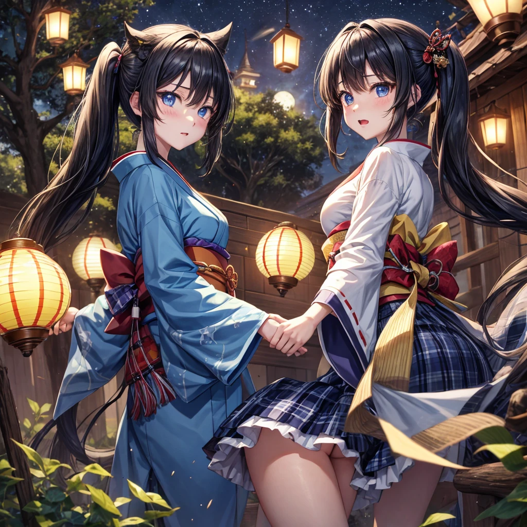 Blue-black hair、poneyTail、blue eyess、one good looking girl、独奏、animesque、Plaid miniskirt、wetting hair、kimono、rotting wood、fullmoon、Sea of trees、lantern、Meteor swarm、gunpowder、starrysky、Dancing