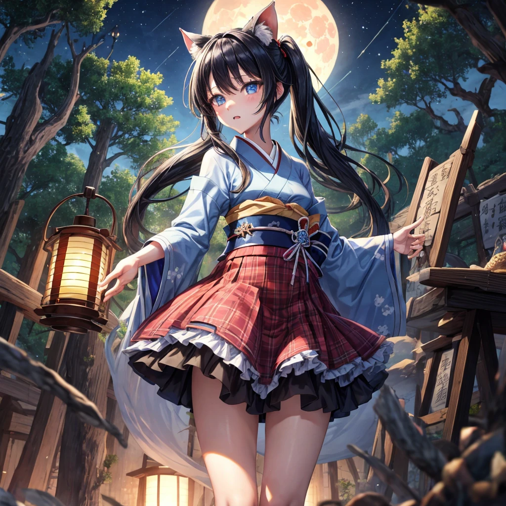 Blue-black hair、poneyTail、blue eyess、one good looking girl、独奏、animesque、Plaid miniskirt、wetting hair、kimono、rotting wood、fullmoon、Sea of trees、lantern、Meteor swarm、gunpowder、starrysky、Dancing