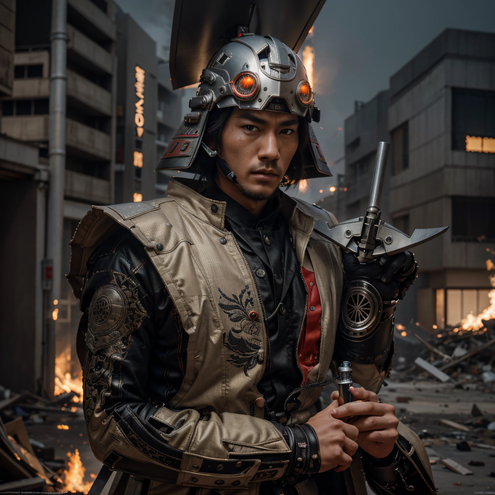 guerrero masculino, Cara japonesa, casco estilo samurai, Modern Japanese style cyborg full heavy metal armor, color blanco con detalles en rojo, lleva una chaqueta beige, It has an advanced holographic radar, It is in a modern Asian city completely destroyed, Fuego, Explosiones, humo, 4k, Imagen ultra detallada, realista, Altamente detallado, perfect composition, splendid, Intrincadamente detallado, Incredibly detailed, 8 k artistic photography, hiper detallado, Obra maestra, Ultra detallado, Hiperrealista, 4k, Imagen ultra detallada, realista, Altamente detallado , perfect composition, splendid, Intrincadamente detallado, Incredibly detailed, 8K fine art photography, hiper detallado, Obra maestra
