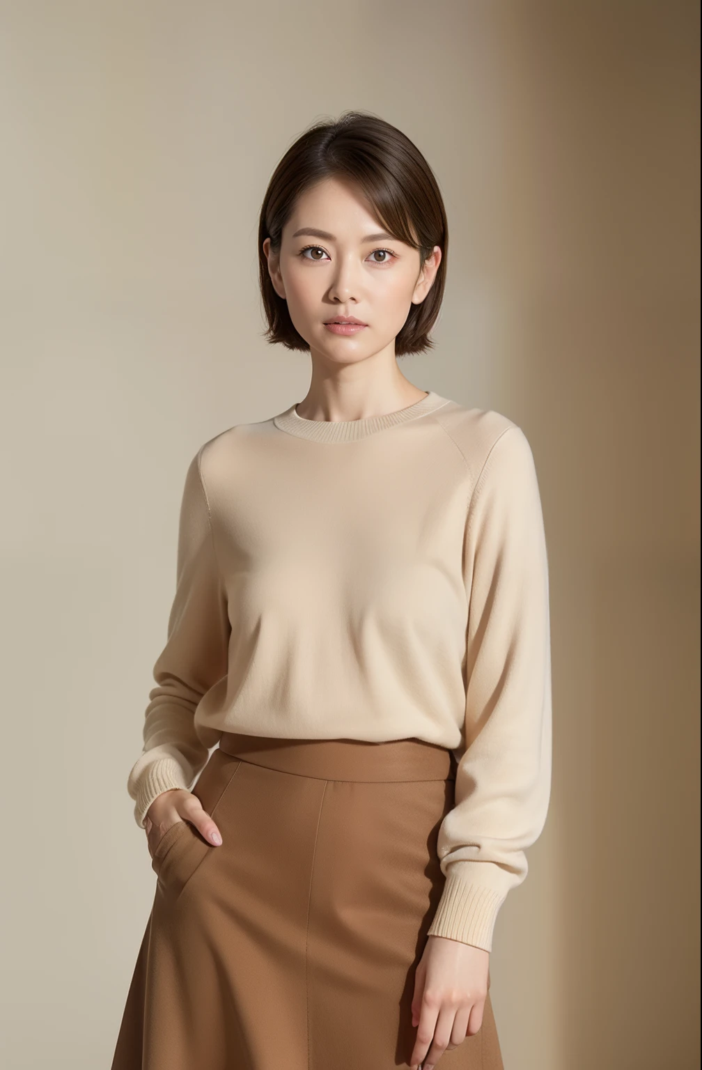 masuter piece, top-quality, ​masterpiece, hight resolution, Photorealsitic, Raw photography, 8k wallpaper, flawless, profetional lighting, ighly detailed, depth of fields,Pale solid color background, ((One beautiful woman)), ((90 years old)), Female sexy, Detailed face, beautidful eyes, bangss, small breasts of good shape, light brown straight short hair, Faint lips, ((stand facing forward、Staring at the viewer, serious face eyes.)),Sweaters, skirt by the, foot out of frame