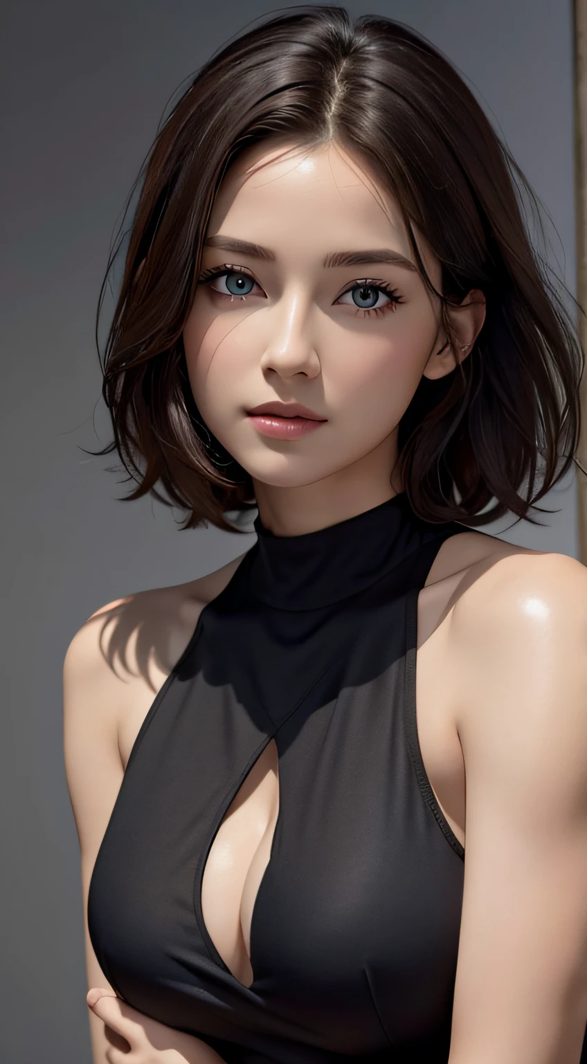 Skin Tight Black Top:1.2, Looking at Viewer, Cinematic lighting, Perfect, softlight, High resolution skin:1.2, Realistic skin texture, 30 years old mature woman、a small face、no-makeup、, off shoulders,Bust B Cup、 Exposed cleavage, Blue eyes, Short hair, dark brown  hair、fullnude、Gray background、