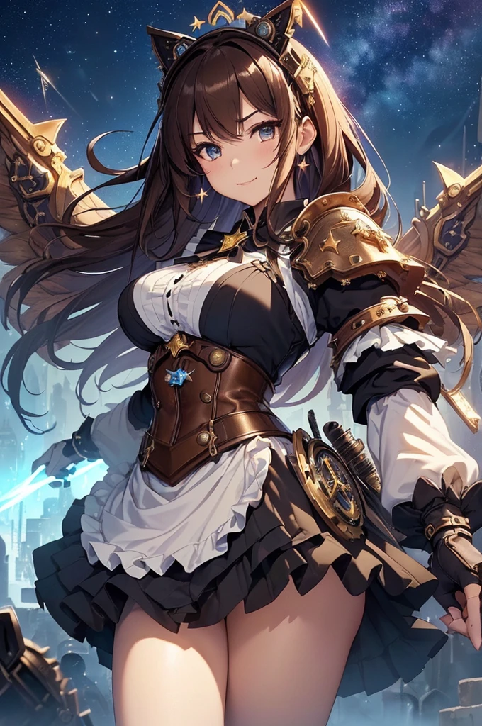 top-quality、Top image quality、masterpiece、Angle seen from the side、Beautiful Gothic girl((20yr old、Best Bust、big bast、Bust 90,long hair with beautiful blue eyebrows、A slender、a closeup、hold a steampunk sword、steampunk armor、Flying in the sky、glowing sword in hand、fly on big mechanical wings、cool jump、fight、Esbian、Gothic Maid costume、beautiful apron、hiquality、Beautiful Art、Background with((starrysky)))masutepiece、visualart、depth of fields、、、🎵、Happy smile、Gentle light、、Beautiful legs that are gentle on the skin、、Number of fingers to achieve precise finger movements、nffsw、nffsw、Lots of gears、、Artistically、、action scene、huge robot、Great angle、steampunk fantasy、Kime Pose!Lively atmosphere、Brown hair、Bob Hair、her clothes are torn and sexy、supreme power