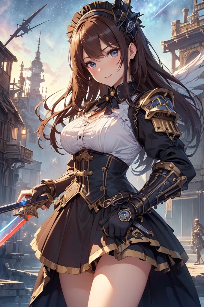 top-quality、Top image quality、masterpiece、Angle seen from the side、Beautiful Gothic girl((20yr old、Best Bust、big bast、Bust 90,long hair with beautiful blue eyebrows、A slender、a closeup、hold a steampunk sword、steampunk armor、Flying in the sky、glowing sword in hand、fly on big mechanical wings、cool jump、fight、Esbian、Gothic Maid costume、beautiful apron、hiquality、Beautiful Art、Background with((starrysky)))masutepiece、visualart、depth of fields、、、🎵、Happy smile、Gentle light、、Beautiful legs that are gentle on the skin、、Number of fingers to achieve precise finger movements、nffsw、nffsw、Lots of gears、、Artistically、、action scene、huge robot、Great angle、steampunk fantasy、Kime Pose!Lively atmosphere、Brown hair、Bob Hair、her clothes are torn and sexy、supreme power