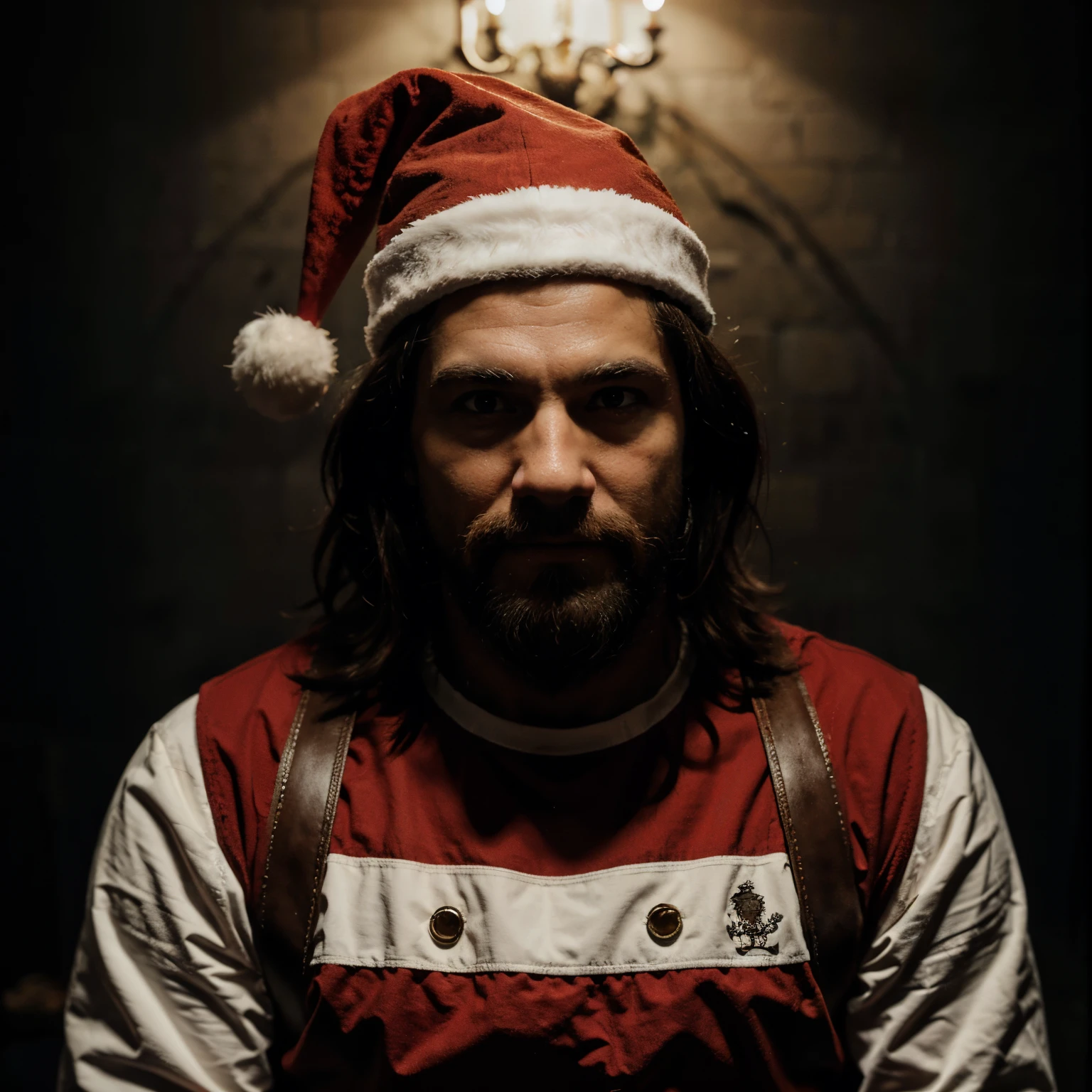 Really really scary Santa holding a axe in a scary setting and it’s dark and he has a creepy smile and it’s going ear to ear