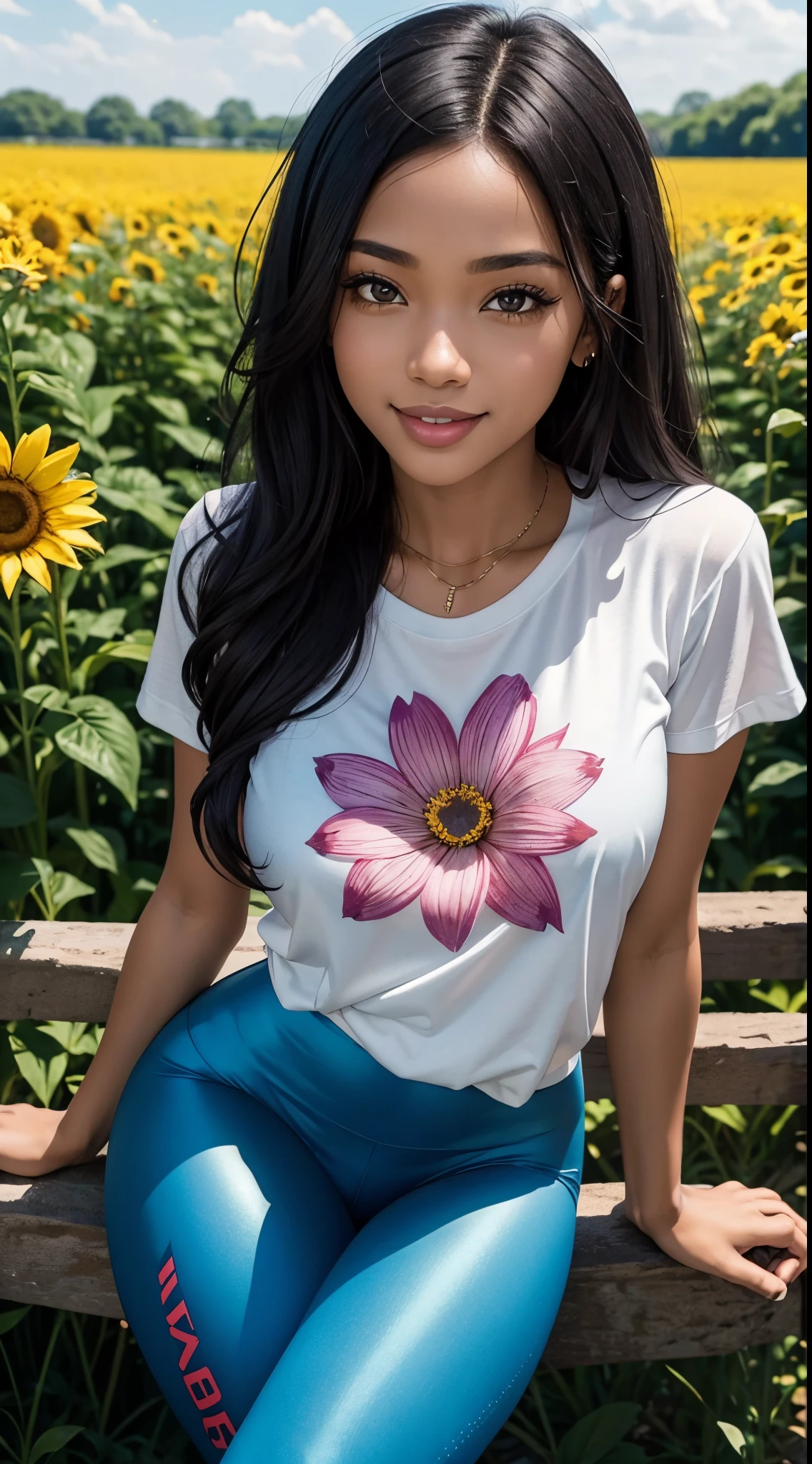 an extremely beautiful black girl, with intrinsic details, totally out of the ordinary, with a beautiful smile, wearing a beautiful legging and t-shirt, in a flower field, alone, on a sunny summer day, ((always repeat the same face))