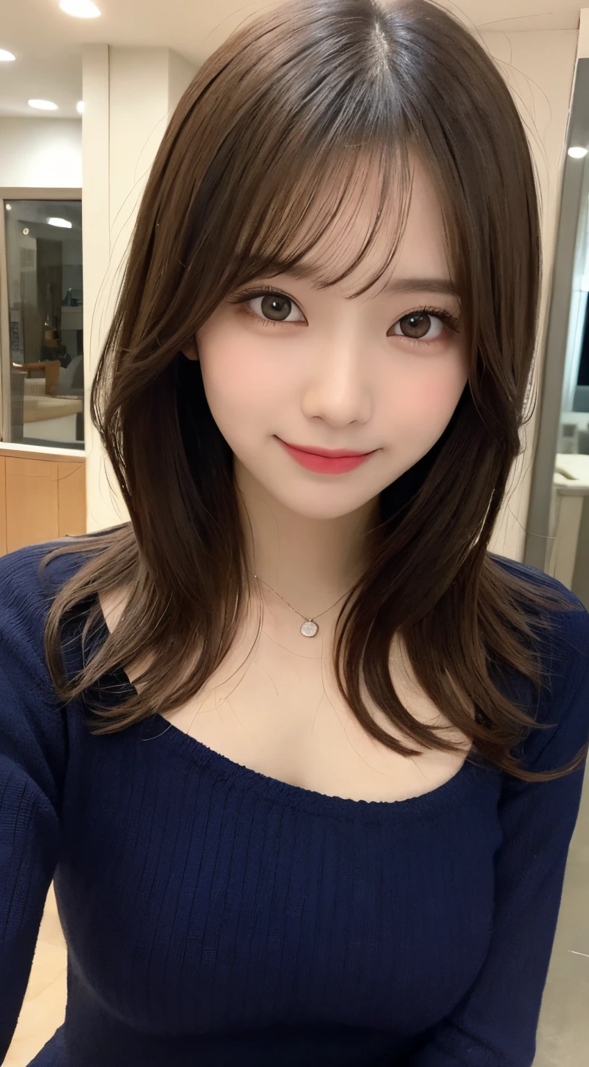 masutepiece, Best Quality, Illustration, Ultra-detailed, finely detail, hight resolution, 8K Wallpaper, Perfect dynamic composition, Beautiful detailed eyes, navy long sleeve knit dress,Straight hair,Small breasts natural color lip, Randomly sexy poses,Smile,Harajuku、20 years girl、Cute、Sexy shot looking at camera,Perfect and beautiful face,Blur the background