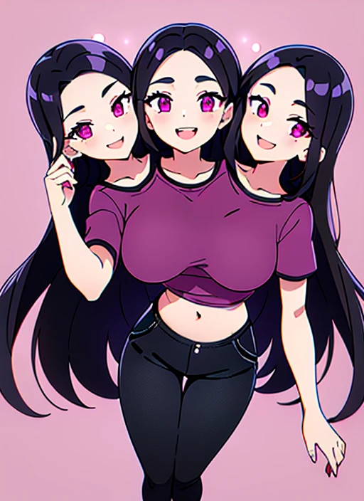 (best quality), (high quality), (detailed), (masterpiece), good artist, (3heads:1.5), 1girl, black hair, magenta eyes, casual wear, smiling, open mouths, white top, magenta jacket, black pants, winter background, A girl with beautiful detailed eyes, long hair, detailed hair, strong and confident expressions, belly button