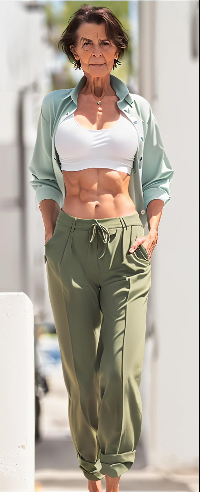 aged older lady walking in the street with buttoned low rise cream pants, green unglued midriff shirt, bare midriff , waist - shot, half body cropping, realistic close up half body shot, zoomed out full body, middle shot waist up, modeled in poser, exposed midriff, full body close-up realistic shot, 3 d image