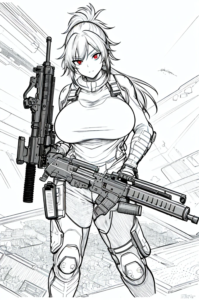tactical gear, huge breast, red eyes, red hair, ponytail, messy hair, holding a gun, light make up, perspective, super detail, high quality, 8k, best quality, textured skin, retina, ccurate, anatomically correct, line art, monochrome,