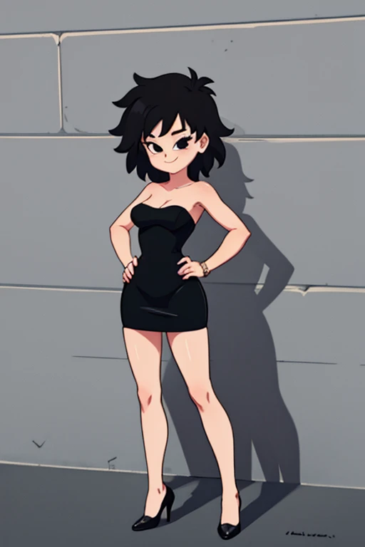 masterpiece, best quality, gine, hands to hips, smile, looking at viewer, brickwall background, full body, street background, black hair, short hair, hand on hip, bare shoulder, bare arms, medium breast, jewelry, looking at viewer, standing, strapless, short black dress, black sweetheart dress, black pencil skirt, lovely legs, black high heels, seductive.