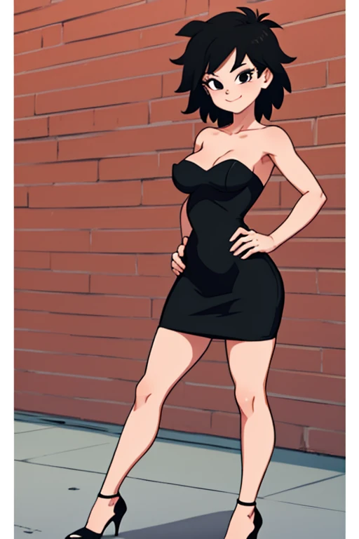 (masterpiece:1.2), (best quality), (ultra detailed), (8k,4k),(half body:1.2), (cowboy:1.2), (highly detailed:1.2), (detailed face:1.2), (detailed background), Gine, 1 girl, solo, smile, looking at viewer, inside, nightclub, neon lights, full body, black hair, short hair, blowing a kiss, bare shoulder, bare arms, medium breast, necklace, looking at viewer, standing, strapless, short black dress, black sweetheart dress, black pencil skirt, close up, seductive.