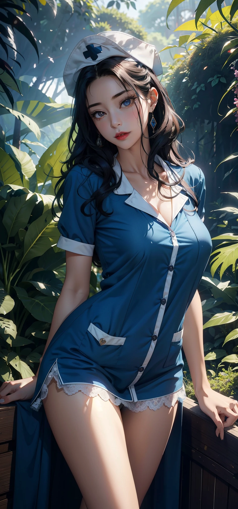 1female,45 yers old,Married woman,Long legs, slim waist, photo exposure, 独奏,(Background with:at a forest,the rainforest,in summer) She has long black hair,Redlip,Stood up,seen from the front, curlies, sky with many clouds,(((tmasterpiece),(Very detailed CG unified 8k wallpaper),Best quality at best,电影灯光,detailed back ground,Beautiful right eye pupil,(very delicate beautiful),(Beautiful and detailed eye descriptions),ultra - detailed,tmasterpiece,)),facing at the camera,A high resolution,ultra - detailed),Pubic hair shows through,device, convex,Camel toes,nipple bump(dressed in:,nurse hat,Blue nurse's uniform,Lace,naknessakis)