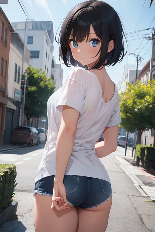 1girl, short black hair, blue eyes, wearing plain white shirt, denim shorts, city, absurdres, high res, ultrasharp, 8K, masterpiece, looking at viewer naked