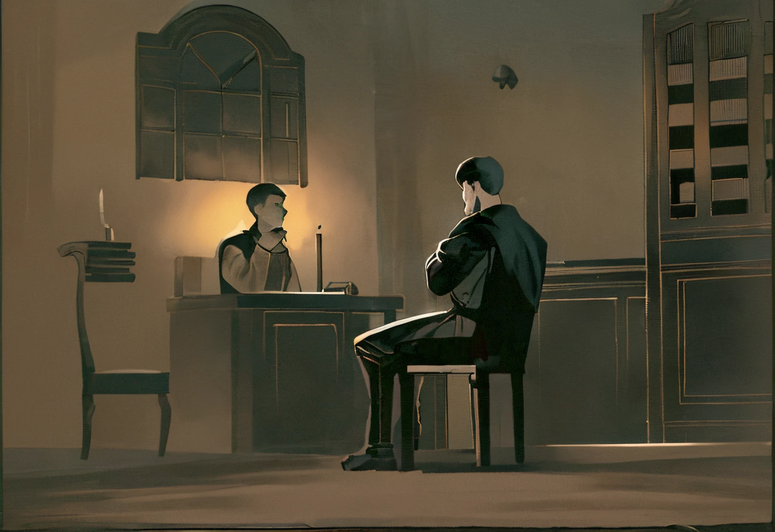 Man in front wears black robe, flat oil lamp on the desk, sconces on the wall