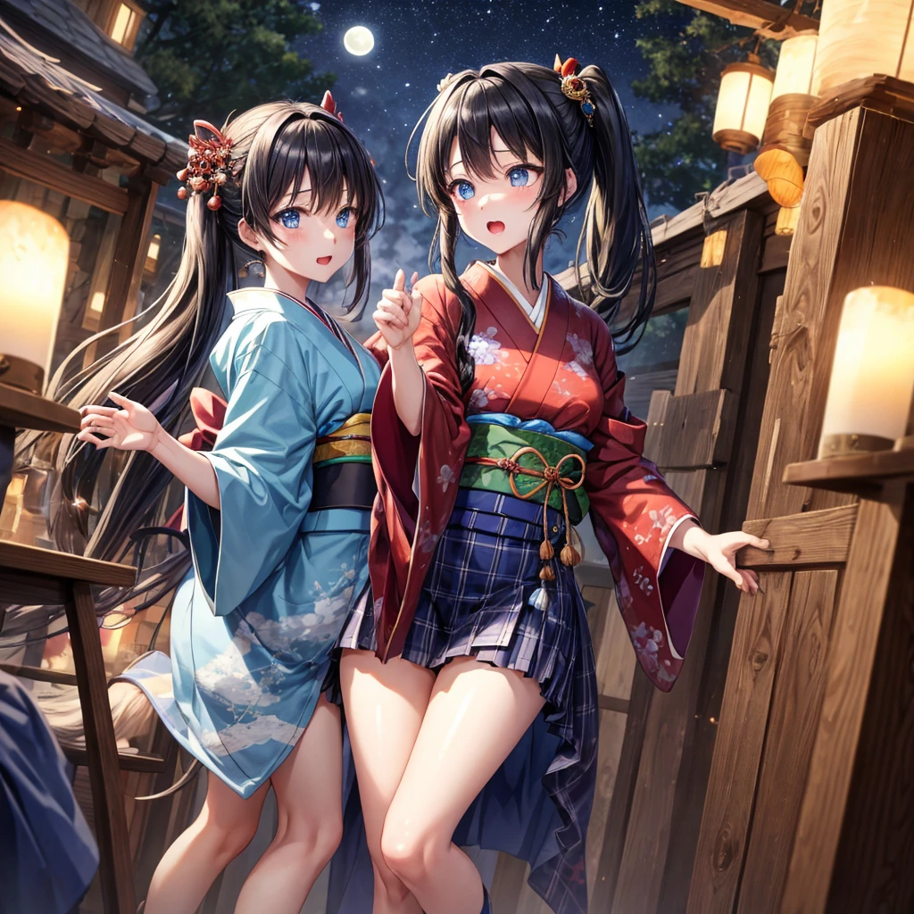 Blue-black hair、poneyTail、blue eyess、one good looking girl、独奏、animesque、Plaid miniskirt、wetting hair、kimono、rotting wood、fullmoon、Sea of trees、candle fire、Meteor swarm、starrysky、Dancing