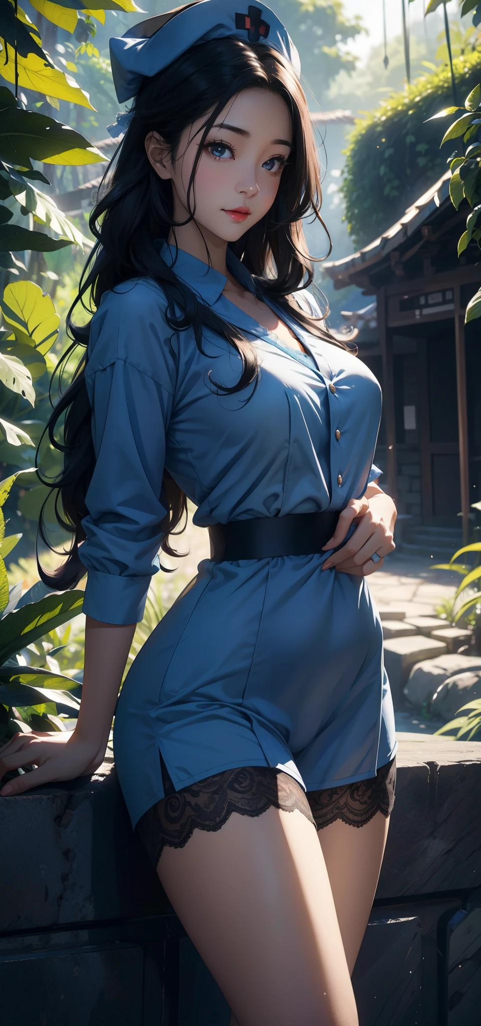 1female，45 yers old，Married woman，Long legs, slim waist， photo exposure， 独奏，（Background with：at a forest，the rainforest，in summer） She has long black hair，Redlip，Stood up，seen from the front， curlies， sky with many clouds，（（（tmasterpiece），（Very detailed CG unified 8k wallpaper），Best quality at best，电影灯光，detailed back ground，Beautiful right eye pupil，（very delicate beautiful），（Beautiful and detailed eye descriptions），ultra - detailed，tmasterpiece，）），facing at the camera，A high resolution，ultra - detailed），Pubic hair shows through，device， convex，Camel toes，nipple bump（dressed in：，nurse hat，Blue nurse's uniform，Lace，naknessakis）