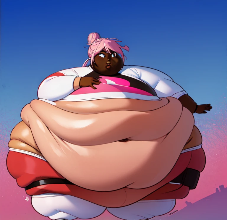Illustration of a ((Handsome))Anime fat Femboy with a big belly , fat man, extremely face face, ((Dark skin:1.5)), (barely Mobile:1.4),(( insanely inflated hips:1.6)),((fat thig)), ((fat butt:1.6 )),( big stomach:1.5), (proportionally fat arms and legottom heavy)) ,background ( on stage at a concert), expression ( seduce, eyelids lowered, smile)(anime boy )), (((Tan skin))),(( Red eye)), (( Multicolored hair),((long,white hair with pink streaks )),(( hair Styled into a Bun and braided ponytail )) , ((white half jacket)) ((Skimpy white shorts)) , ((pink Crop top)),(evil aura)),((solo)) anime artstyle, anime art style, unknown artstyle, aura, accurate, 2 d anime style, , high quality anime artstyle, yandere((masterpiece, High aesthetic, high quality)),(WeightObese)