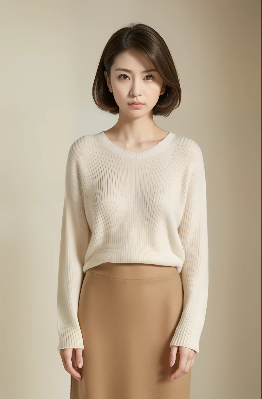Depth of field,Pale solid color background, ((One beautiful woman)), ((20yr old)), Female sexy, Detailed face, beautidful eyes, bangss, small breasts of good shape, light brown straight short hair, Faint lips, ((stand facing forward、Staring at the viewer, serious face eyes.)),Sweaters, skirt by the, foot out of frame