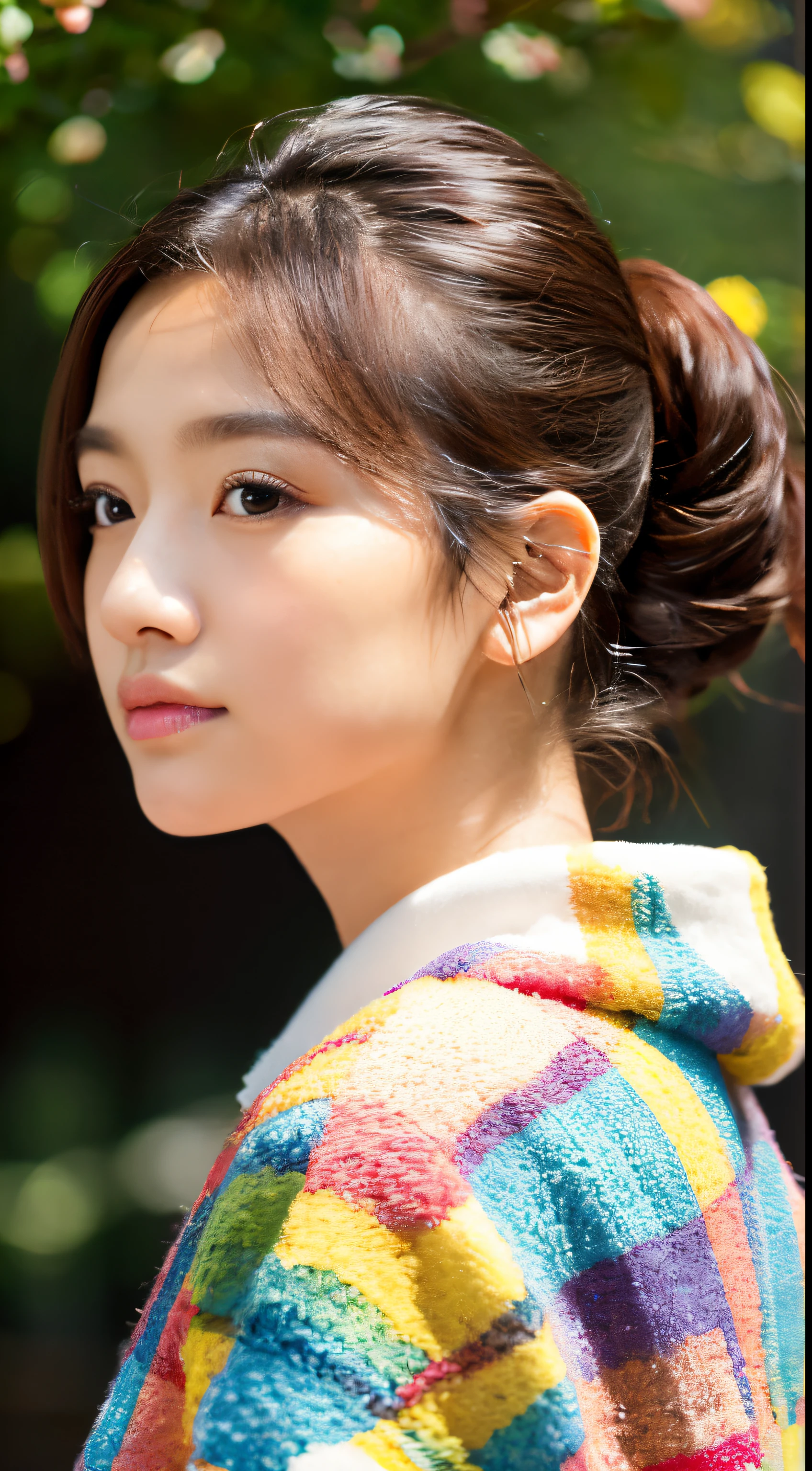 (masutepiece), (Best Quality), (ultra-detailliert),(disheveled hair),(Illustration), (1girl in), (Fashionable clothing), Fashion Model, Looking at Viewer, (interview), (Simple background),Beautiful detailed eyes, Delicate beautiful face, floating,(High color saturation),colorful bubble,(Shining), Focus on Face, Ponytail, Maroon hair, , hair rings, Floating flowers, Floating flowers (Shining), The best lighting, Best Shadow,
