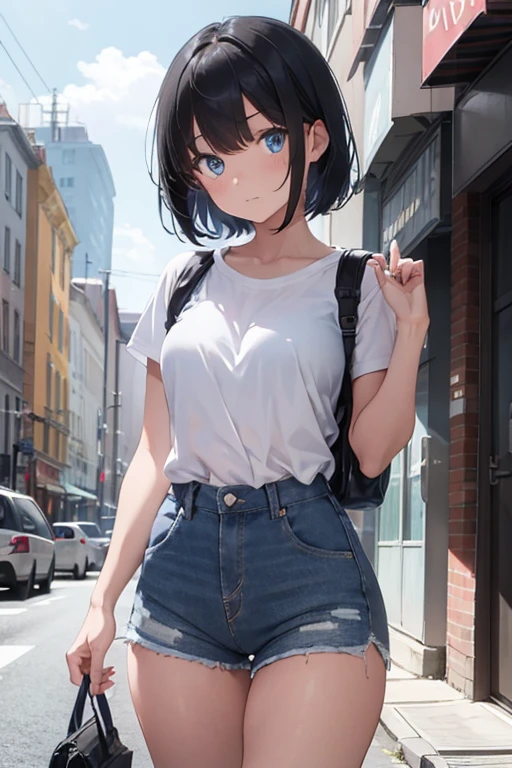 1girl, short black hair, blue eyes, wearing plain white shirt, denim shorts, city, absurdres, high res, ultrasharp, 8K, masterpiece, looking at viewer no clothes