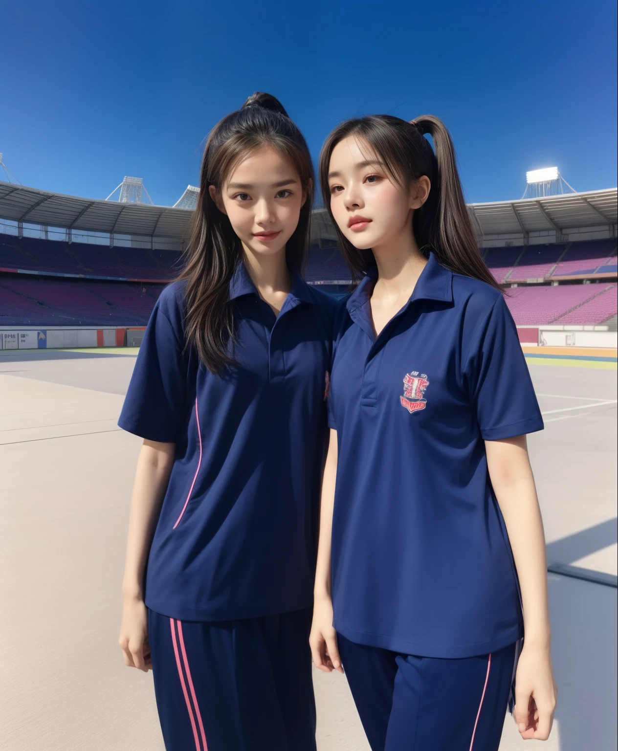 (bestquality,10,10,highres,masterpiece:1.2),ultra-detail,(Realistic,photorealistic portrait,photo-realistic:1.37),1 Cute girl in the football field,oily shiny skin,bara,light smile,BDclothelue shirt:1.3)),short sleeves,shirt, trousers.,(navy_long_Pants Track:1.1), ((Stadium Background:1.3)),dynamic angle,excited,face focus,Dynamic Poses,from behide,Ass Focus,masterpiece, bestquality, ultra realistic, hyper-detail, 8k resolution, RAW photo, crisp focus, ((Navy blue shirt:1.1)), short sleeves, Long Path, Perfect body, 2 mature women, 18yo, cinematic light,Blue sweatpants,Gymware,Correct anatomy,Complete body, Correct body, sharp face, Anatomically correct body, full entire body, Realistic gestures, long-haired, Realistic poses,Wear long shorts.....................................,Long leg span,Shapely,Sculpting Girl, Slender Figure, mannequin mannequins, Shapely, Beautiful body,Blue sweatpants, Two girls kissing