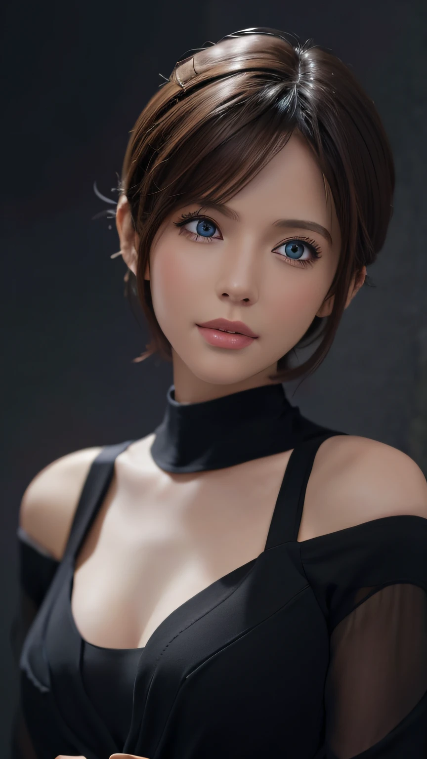 Skin Tight Black Top:1.2, Looking at Viewer, Cinematic lighting, Perfect, softlight, High resolution skin:1.2, Realistic skin texture, 30 years old mature woman、a small face、no-makeup、, off shoulders,Bust B Cup、 Exposed cleavage, Blue eyes, Short hair, dark brown hair、fullnude、Gray background、