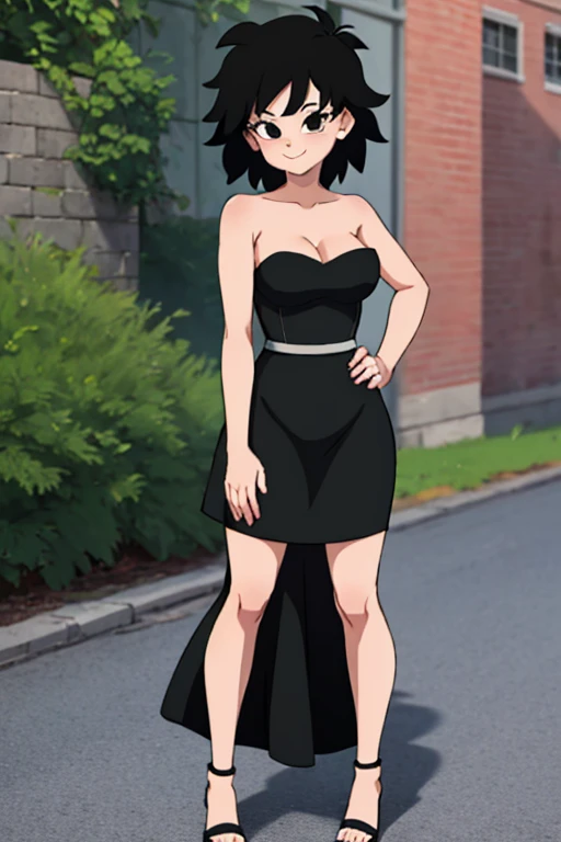 masterpiece, best quality, gine, hands to hips, smile, looking at viewer, field wall background, full body, street background, black hair, short hair, hand on hip, bare shoulder, bare arms, jewelry, looking at viewer, standing, strapless, short black dress, black sweetheart dress, black pencil skirt, lovely legs, seductive, upper body, close up.