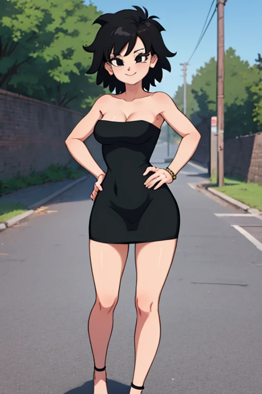 masterpiece, best quality, gine, hands to hips, smile, looking at viewer, field wall background, full body, street background, black hair, short hair, hand on hip, bare shoulder, bare arms, jewelry, looking at viewer, standing, strapless, short black dress, black sweetheart dress, black pencil skirt, lovely legs, seductive, upper body, close up.