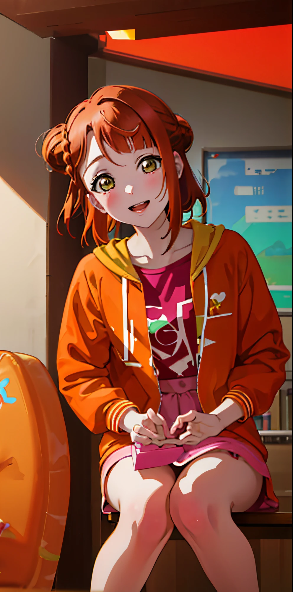 Cartoon Girl with Fluorescent Orange Hair Ayumu has a slim figure with orange hair that she ties in a bun on the right side and yellowish hazel eyes.......,Ropa de Navidad, verdad con rojo, 1 7 years