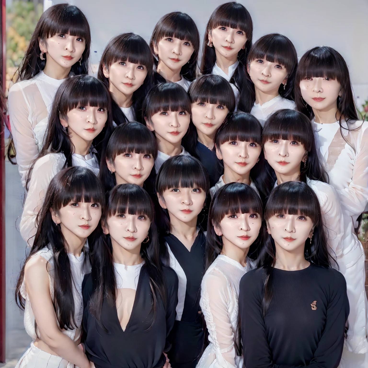 Raw photo、(((multiple girls))),((((6+girls)))),((((10girls))))、((((10 girls))))、Women only、The same face、matching school uniform、6 、Long black hair、10 cute girls going to school、a smile、Commuting to school、elementar route))、selfee、same person、In the street