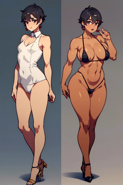 tmasterpiece,The lump got smaller,boy,Short hair boy hairstyle,high-heels,Show a fuller figure,beautiful make up,Bright lipstick,Impeccably clean,The expression very happy,flatchest,Good picture quality,(bronze skin:1.3),(((oilly skin))),big earrings,Surrounded by a group of muscular men