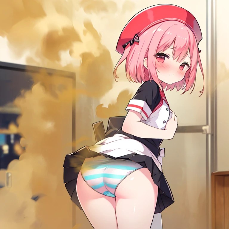 masterpiece:1.2,top-quality), ((((Blurry background with deep yellow fog)))), (li), (Loli with a very young face), (flat chest), (13ear), (btiful slender body), health room, Nurse girl, red eyes, pink hair)), standing, Turn around and look back, massive butt, Sticking out the butt, ((Red nurse hat, all Red nurse uniform with black Skirt)), blue white panties, ((((horizontal striped panties)))), pink stoking, fart, onara, fart, farting, big fart, Fart from the ass, Farting non-stop, Yellow smoke, room full of yellow smoke, Skirt lifted because of farting, blush, Embarrassed