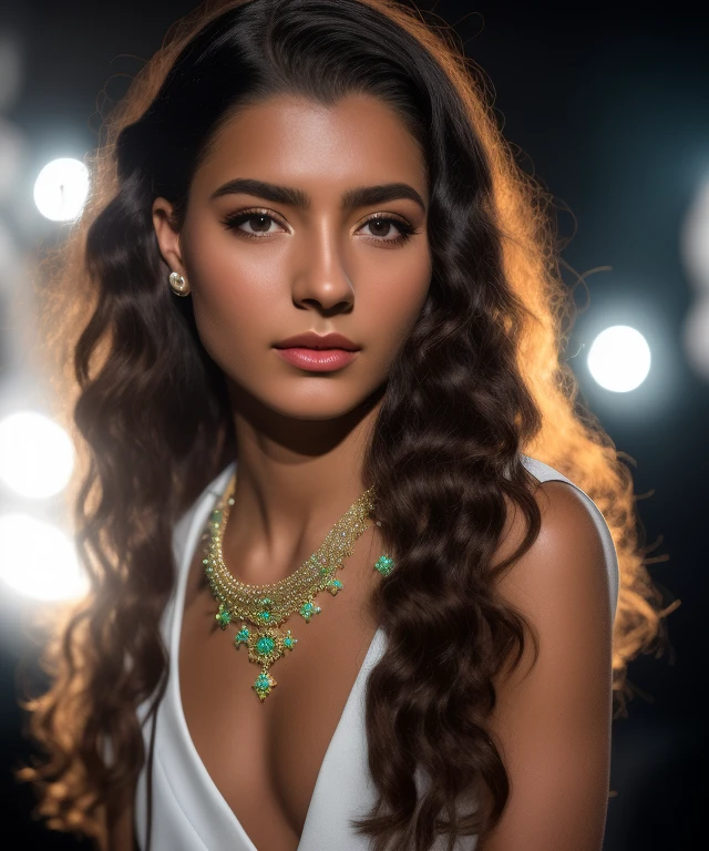 melhor qualidade, obra-prima, alta resolução, 1girl,enfeite de cabelo,colar,jewelries,Rosto bonito,em cima do corpo, efeito tyndall,fotorrealista, studio dark, rim lighting, dual-tone lighting,(pele altamente detalhada: 1.2), 8k uhd, dslr, soft-lighting, alta qualidade, volumeric lighting, sincero, Fotografia, alta resolução, 4k, 8k, Bokeh,