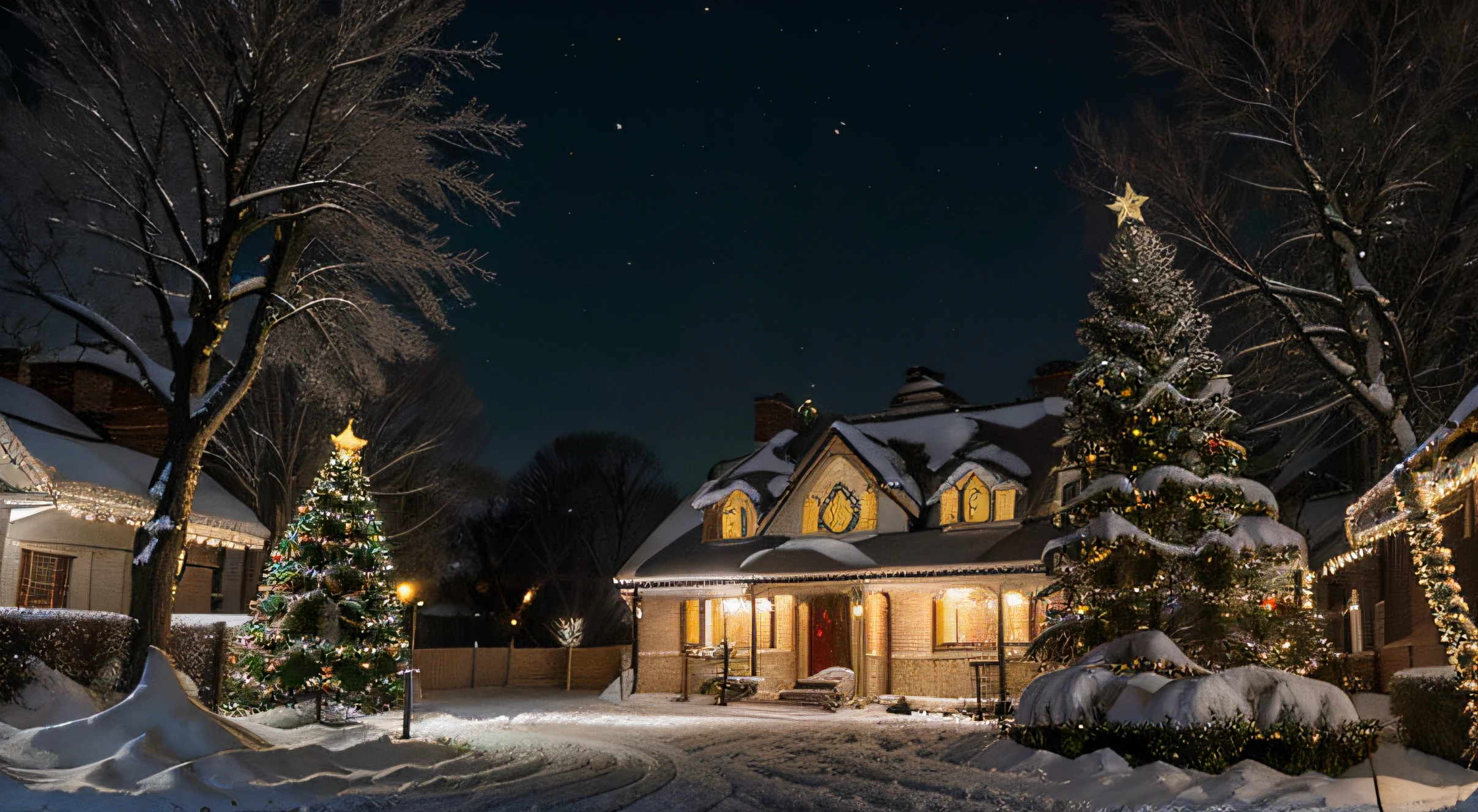 The snow is falling very heavily, Snowflakes visible on camera, Christmas tree decorated with tinsel and toys., (shines brightly outside in winter), Near the house, covered with a thick layer of snow, frost. (Lampposts on the street shine brightly). The star on the tree shines with bright rays. Trees are covered with a thick layer of snow or frost. (Brick house, decorated with garlands and green tinsel)