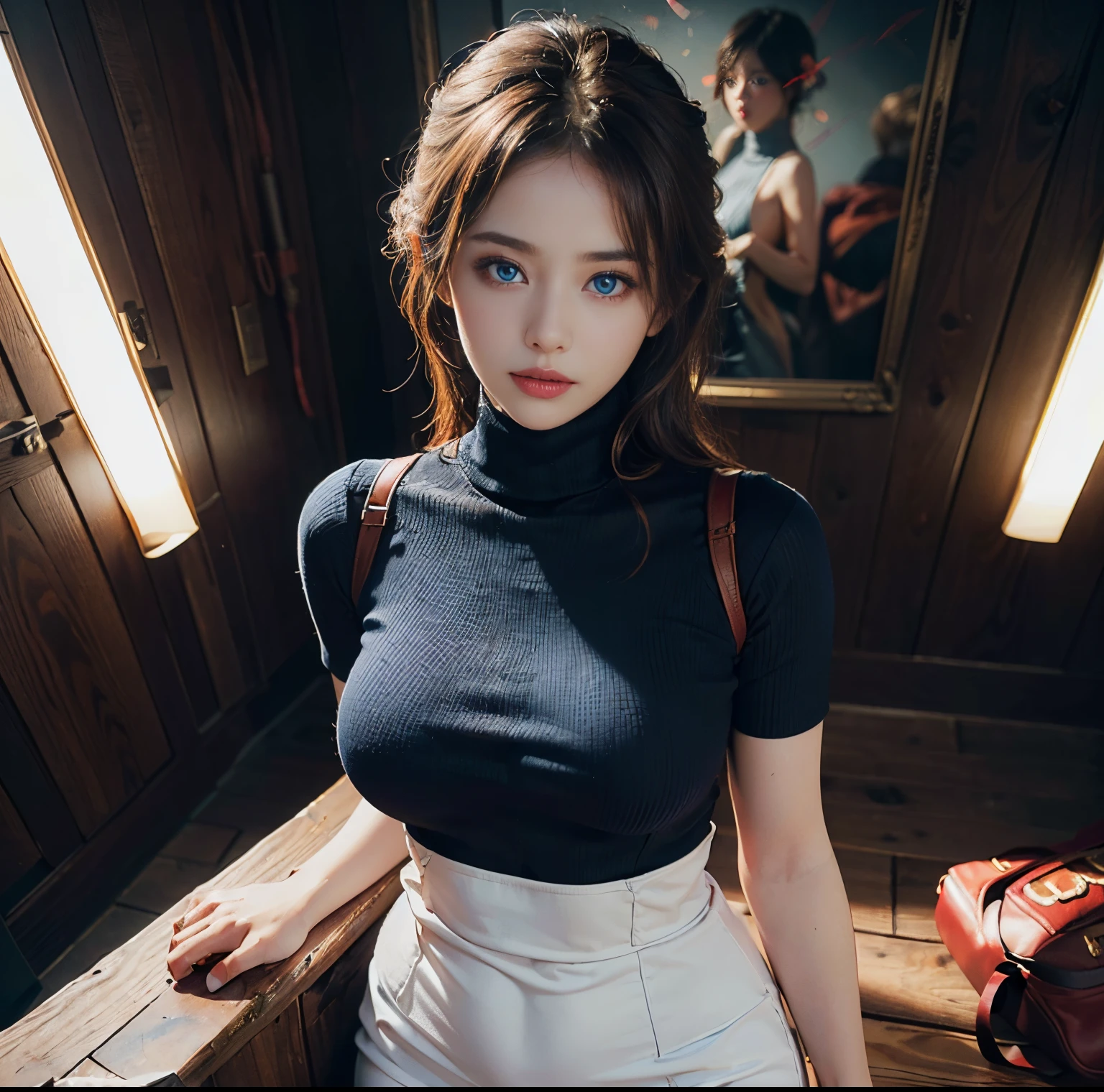 top-quality, 8K picture quality, masterpiece, (Professional lighting without shadows), (Two women in love), (Perfect body and firm big breasts:1.3), Bright whitening skin, (Bright and beautiful blue eyes with plump red tear bags reflect a lot of light.:1.2)、 (She is wearing a pale turtleneck micro mini dress), (No skin is exposed on the upper body except for the arms.:1.4), (Turn to me and show off your firm big breasts from above your clothes.:1.2), (From the knee up:1.3), (Standing like a model),