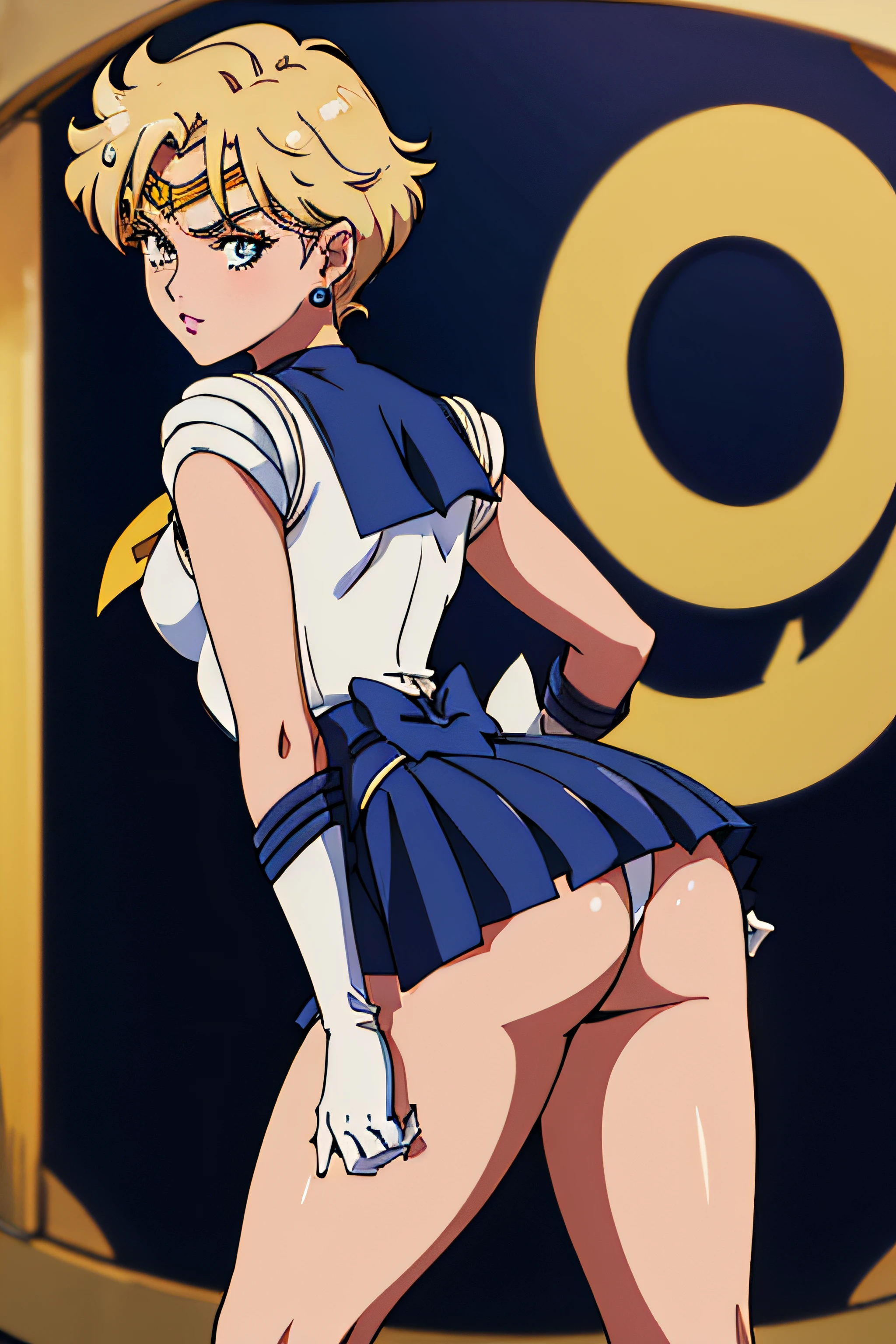 (La mejor calidad:1.1), (Obra maestra:1.4), (absurdos:1.0), retrato, primer plano,1girl, Marinero Urano, KizukiAi, Mujer madura, small breasts, aqua eyes, cabello rubio, Uniforme Sailor Senshi, Collar de marinero, arco de pecho, Arco trasero, Falda suplicante, Guantes blancos de codo, big booty, Ultra minifalda , jewely, Pendientes,, en postura de espalda, Show off your loot, Backwards, No hay tanga Big Booty, Ultra minifalda ( Postura de la espalda, Backwards, Show off your loot)