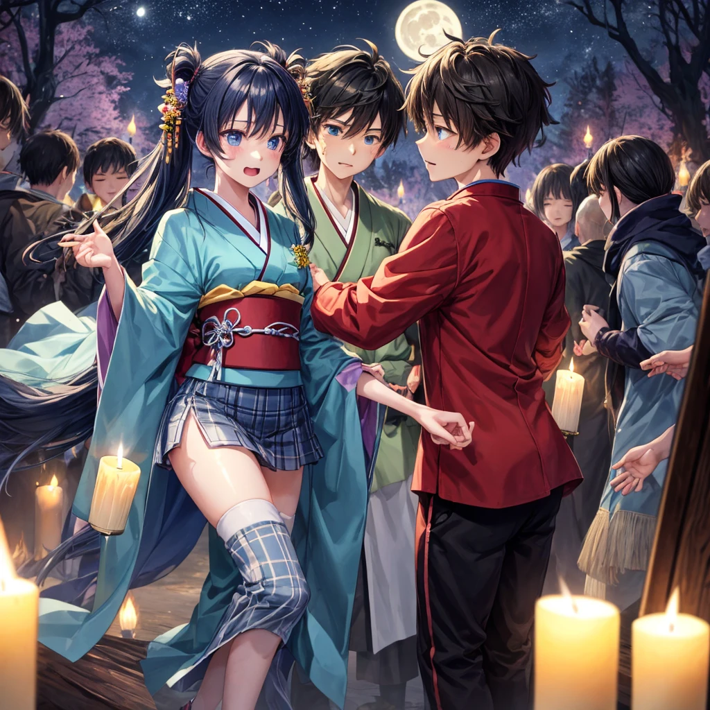 Blue-black hair、poneyTail、blue eyess、one good looking girl、独奏、animesque、Plaid miniskirt、wetting hair、kimono、rotting wood、fullmoon、Sea of trees、candle fire、Meteor swarm、starrysky、Dancing、are flying