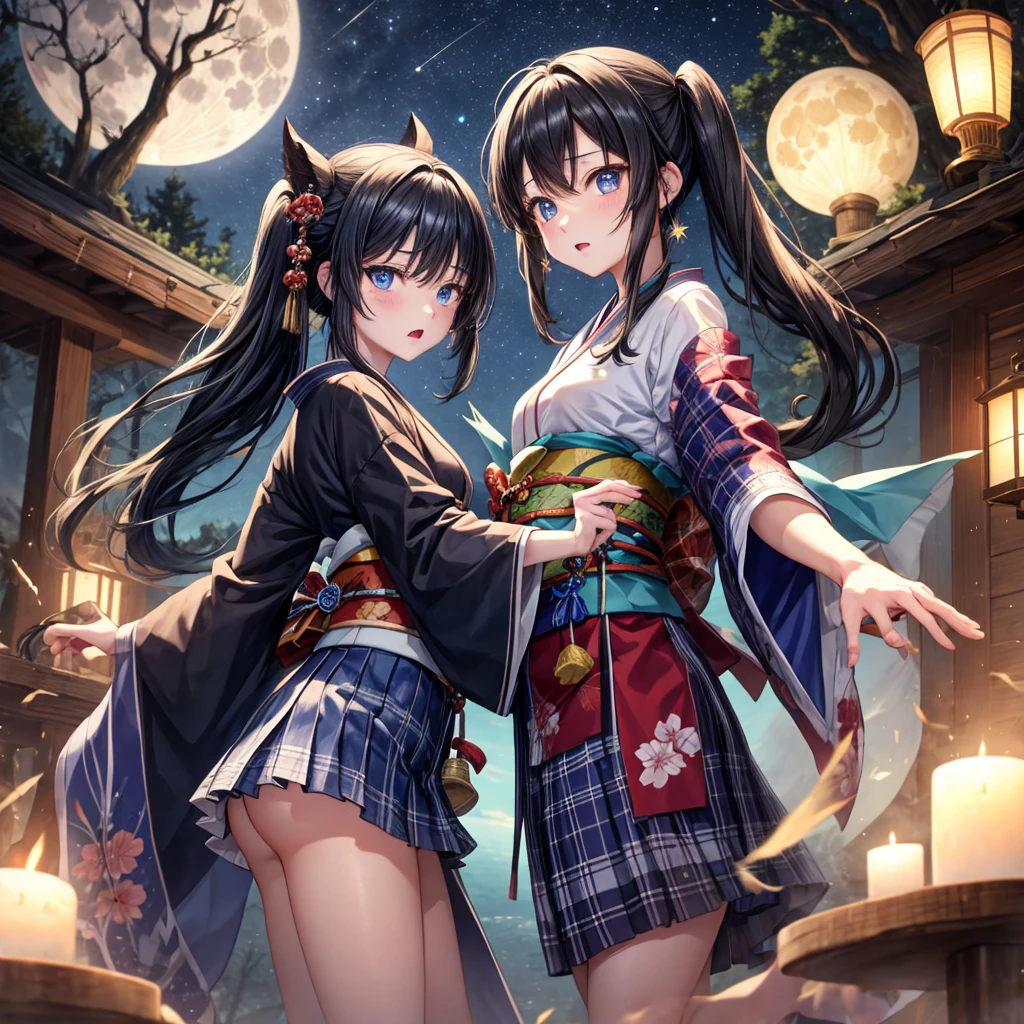 Blue-black hair、poneyTail、blue eyess、one good looking girl、独奏、animesque、Plaid miniskirt、wetting hair、kimono、rotting wood、fullmoon、Sea of trees、candle fire、Meteor swarm、starrysky、Dancing、are flying