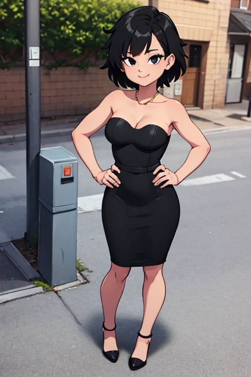 masterpiece, best quality, gine, hands to hips, smile, looking at viewer, field wall background, full body, street background, black hair, short hair, hand on hip, bare shoulder, bare arms, medium breast, jewelry, looking at viewer, standing, strapless, short black dress, black sweetheart dress, black pencil skirt, seductive, upper body, close up,