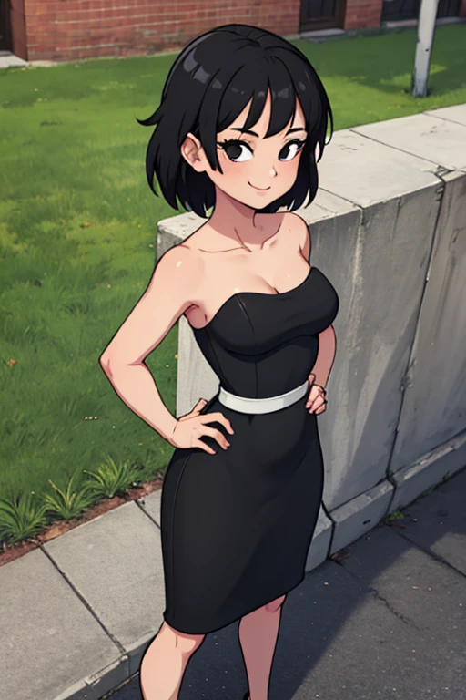 masterpiece, best quality, gine, hands to hips, smile, looking at viewer, field wall background, full body, street background, black hair, short hair, hand on hip, bare shoulder, bare arms, medium breast, jewelry, looking at viewer, standing, strapless, short black dress, black sweetheart dress, black pencil skirt, seductive, upper body, close up,