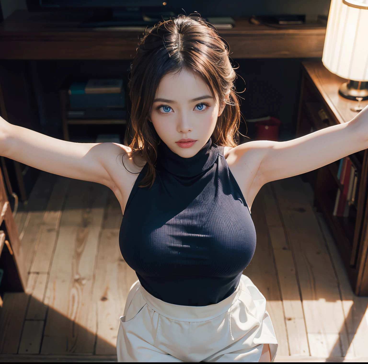 top-quality, 8K picture quality, masterpiece, (Professional lighting without shadows), (Two women in love), (Perfect body and firm big breasts:1.3), Bright whitening skin, (Bright and beautiful blue eyes with plump red tear bags reflect a lot of light.:1.2)、 (She is wearing a pale turtleneck micro mini dress), (No skin is exposed on the upper body except for the arms.:1.4), (Turn to me and show off your firm big breasts from above your clothes.:1.2), (From the knee up:1.3), (Standing like a model),