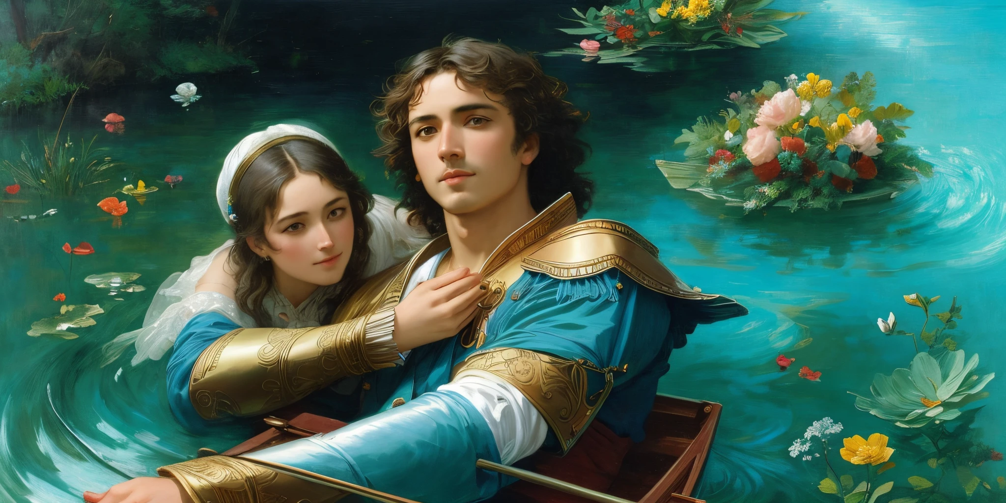 painting of a man and woman in a boat with a dog, inspired by Théodore Chassériau, by Théodore Chassériau, art of edouard bisson, romanticism art style, by Alexandre Cabanel, artgerm and william bouguereau, james jean marc simonetti, beautiful art uhd 4 k