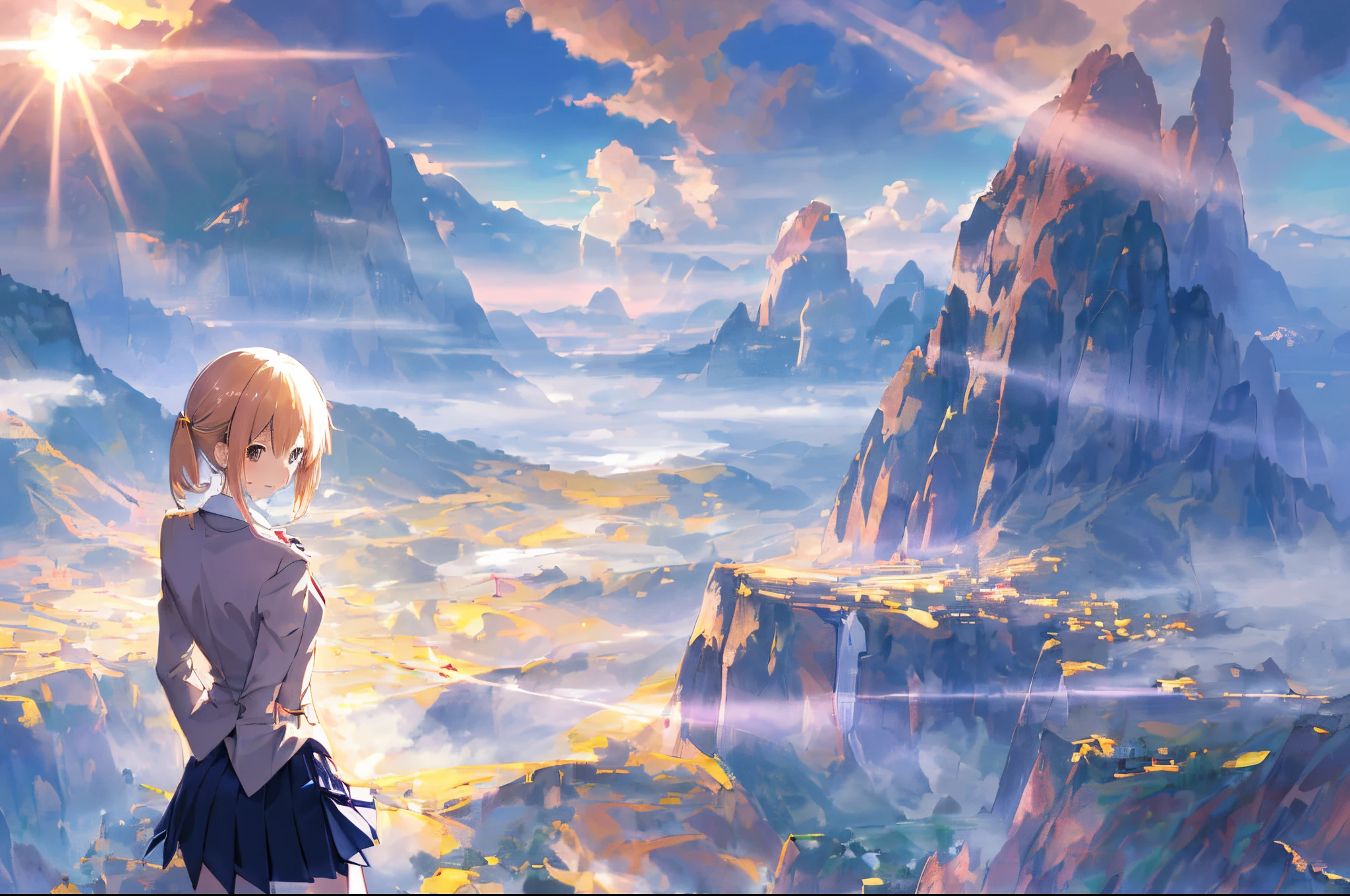 (masutepiece, Best Quality, Superior Quality), ((1girl in, Solo, Cowboy Shot)), School uniform, micro skirt, Blazer, White shirt, Closed mouth, lightsmile, A pleasant sight to see, Fictional scenery), posterior view, Rear head、backs、s ass, Mysterious misty valley、rays of sunshine