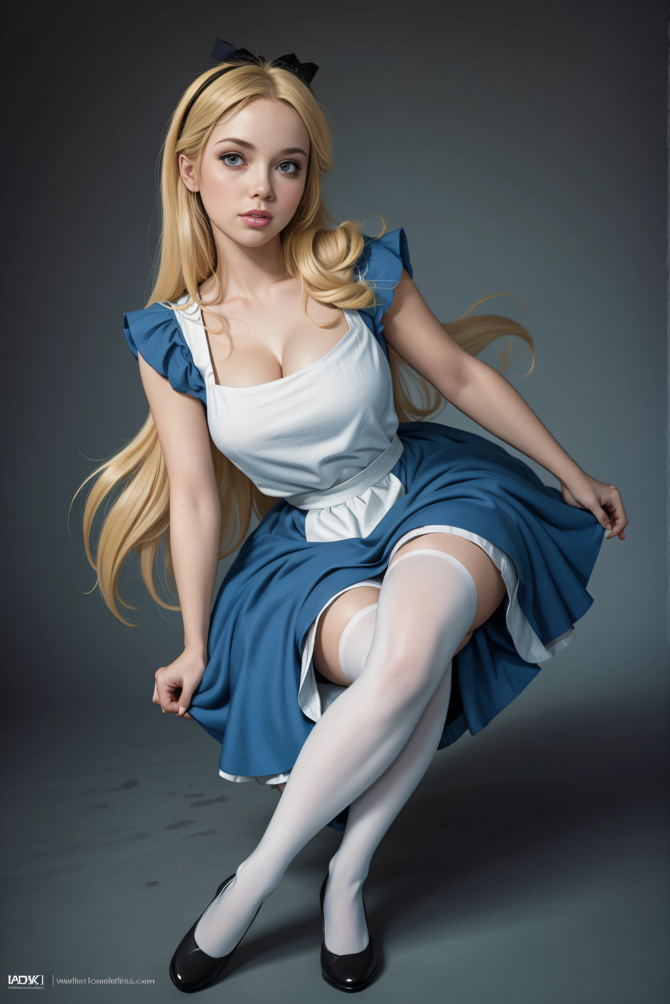 masterpiece, 1girl, solo, a cute Alice in Wonderland with blonde hair, powder blue dress with white apron, white stockings, cleavage, dynamic, ultra high def, 32k, (perfect anatomy:1.5), perfect legs, in the style of Artgerm and Adam Hughes, perfect arms,