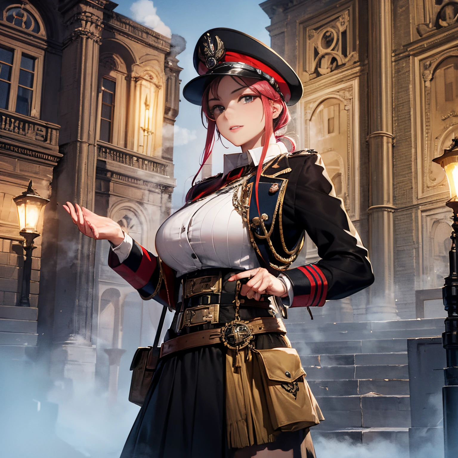 En un mundo dieselpunk. A very pretty young soldier in the British army, con un gran sombrero y un traje rojo con muchos botones y varias medallas. She carries a strange steam rifle. She  doing patrol on a large cobblestone street with large buildings... La luz es algo pobre debido al exceso de humo.
